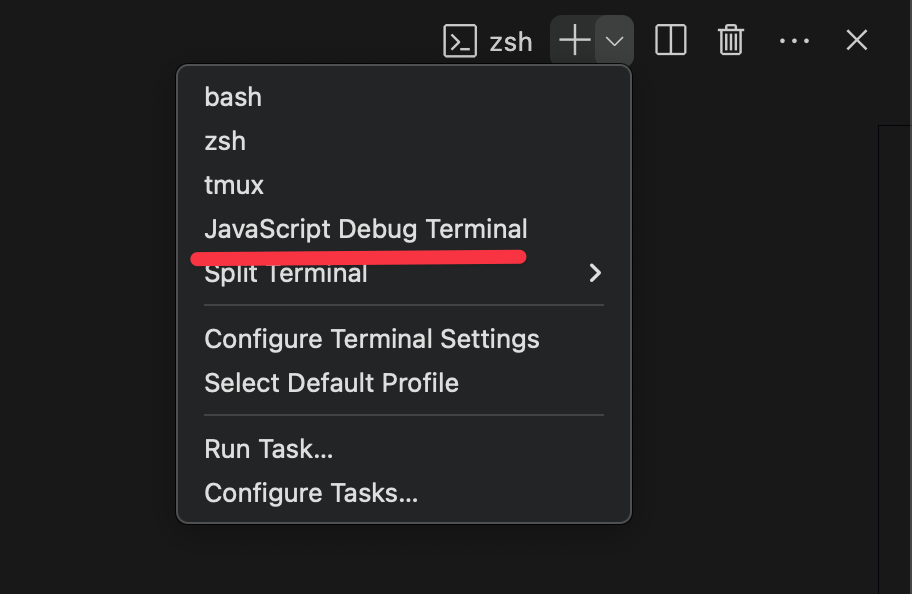 terminal で javascirpt debug terminal を起動する様子